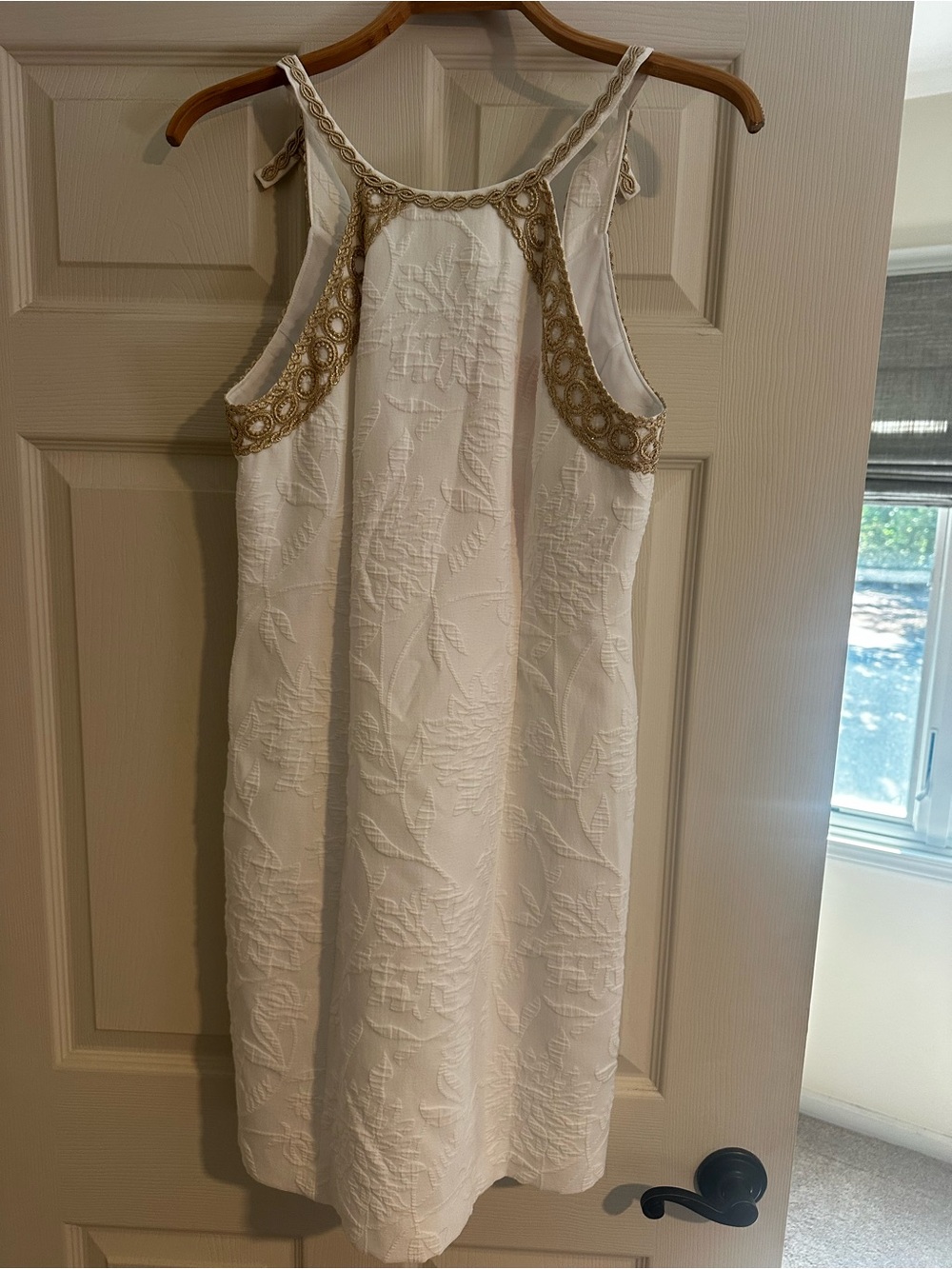 Lilly Pulitzer. Embroidered White Sleeveless Shift Dress with Gold Trim